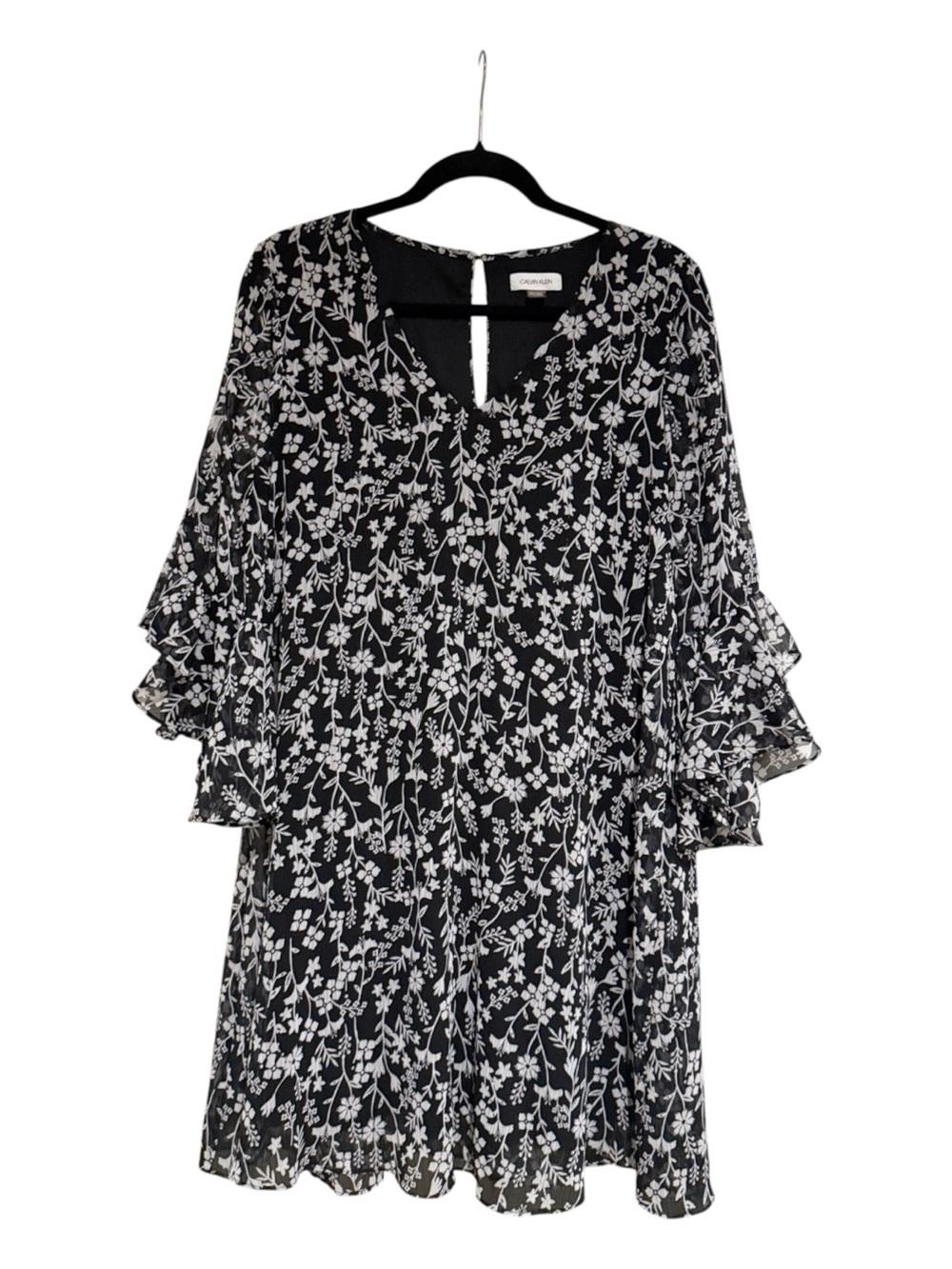 Calvin Klein Black and White Floral Ruffle-Sleeve Shift Dress Size 12